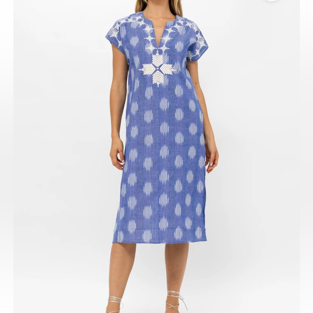 Oliphant Kaftan Midi Chatham Blue Dress Small S Chambray Boho $258